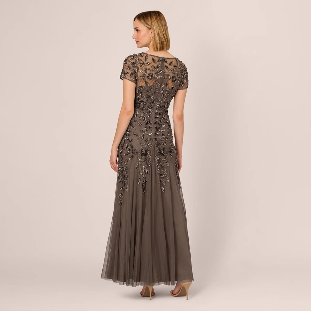 Adrianna Papell Taupe Charcoal Beaded Gown Size 0 NWT Formal MOB MOG GALA Dress - Picture 5 of 10
